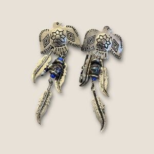 Vintage Silver Tone Southwestern Style Bird And Feather Dangle Earrings